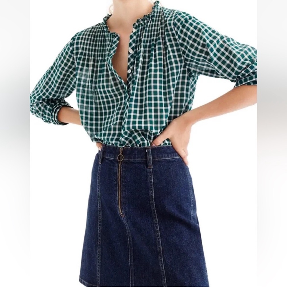 NWT J. Crew Forest Green white ruffle mandarin collar Checkered 2 button blouse